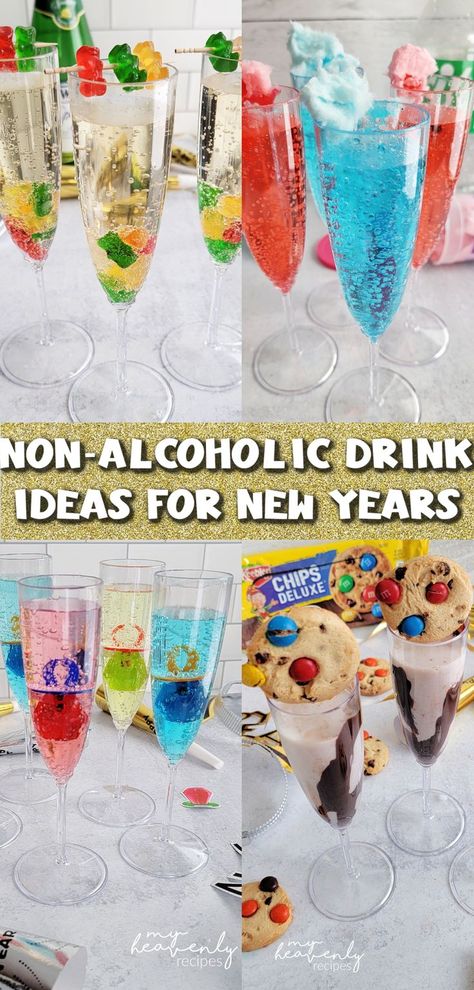 Non Alcoholic Drinks for New Years Eve- mocktails unique fun ideas for kids and adults. Non-alcoholic drinks to make. No alcohol. Nye Drinks For Kids, New Years Drink Ideas, New Years Drink, New Year Eve Kids Activities, Fun Kids Drinks, New Years Eve Birthday Party, Nye Drinks, Christmas Drinks Nonalcoholic, New Years Eve Snacks