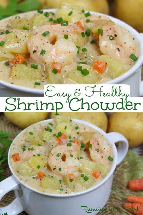 Healthy Seafood Chowder Recipe, Chowder Recipes Healthy, Shrimp Chowder Recipe, Chowders Recipes, Healthy Recipes To Try, Squash Soups, Shrimp Ideas, Bisque Recipes, Fish Soups