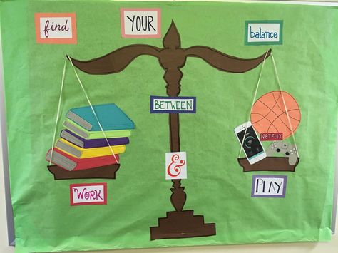 Balance work and play bulletin board Exams Board Decoration, Result Declaration Board Decoration, All The Best For Exams Board Decoration, Notice Board Ideas Office, Professional Development Bulletin Board, School Board Border Ideas, Board Borders Ideas Classroom Decor, Advising Bulletin Boards, School Wall Art Ideas