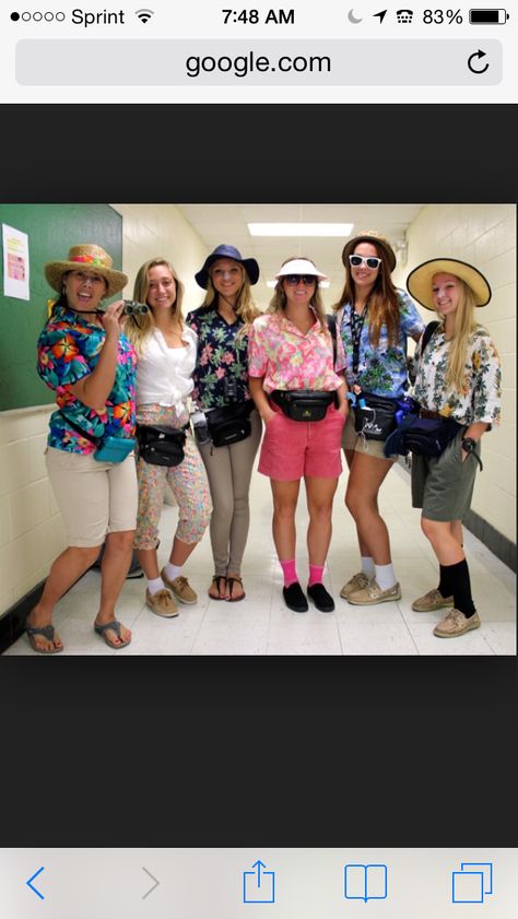 I have been wanting to plan a tourist day for a good year now! hilarious and perfect outfits!! Tourist Dress Up Day, Tacky Tourist Costume, Tourist Costume, Tacky Tourist, Spirit Day Ideas, Explorer Costume, Tourist Outfit, Homecoming Spirit Week, School Spirit Week