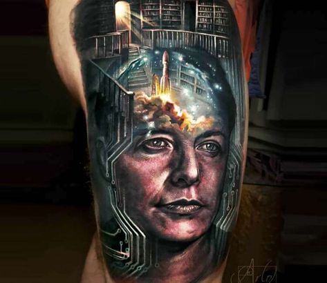 Tattoo photo - Elon Musk tattoo by Arlo Tattoos Morphing Tattoo, Arlo Tattoo, Arlo Dicristina, 666 Tattoo, Tattoo Art Design, Realism Tattoos, World Tattoo, Personal Narrative, Ink Master