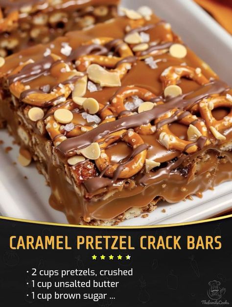 Carmel Pretzel Snack Bars, Pretzel Carmel Squares, Caramel Pretzel Squares, Pretzel Carmel Bark, Brownies With Pretzels And Caramel, Deserts Recipes, Caramel Bites, Pretzel Desserts, Baked Caramel