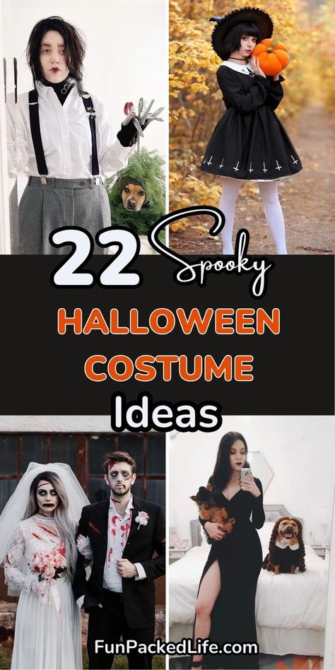 The image showcases four Halloween costume ideas, labeled with the text "Spooky Halloween Costume Ideas" in bold. The top left features an Edward Scissorhands-inspired outfit, the top right highlights a gothic witch holding a pumpkin. The bottom left displays a zombie bride and groom, while the bottom right shows a modern Morticia Addams look, accompanied by a dog dressed as Wednesday Addams. The image captures creative, spooky costume themes for Halloween parties or events. Scary Plus Size Halloween Costumes, Morticia Addams Costume, Rockstar Costume, Witch Outfits, Zombie Wedding, Jack Skellington Costume, Wednesday Addams Costume, Spooky Halloween Costumes, Victorian Halloween