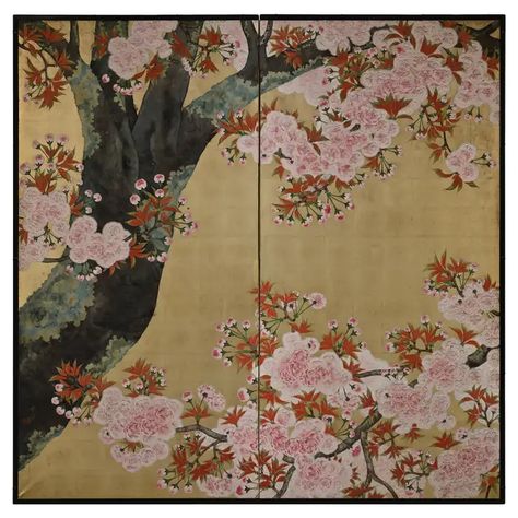 Early 20th Century Japanese Cherry Blossom Screen by Kano Sanrakuki For Sale at 1stDibs Complex Composition, Types Of Cherries, Japanese Snow, Portraiture Artist, Japanese Screen, Fig Trees, Cherry Blossom Art, Screen Color, Blossom Tree