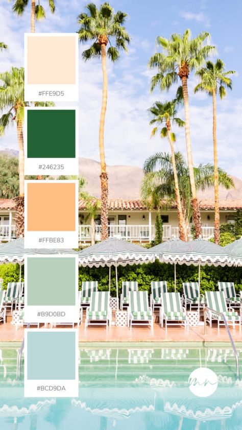 Palm Springs Beach Color Palette, Beachy Peach Color Palette, Tan and Green Color Palette, Peach and Blue Color Palette, Pastel Salmon and Sage Color Scheme, Colony Palms Print, Colony Palms Photo, Relaxing Poolside Tones, Outdoor Oasis, Master Bath Color Ideas, Monika Normand Print Shop, Monika Normand Photography Summer Blue Color Palette, Peach Green Blue Color Scheme, Beach Cafe Color Palette, Palm Color Palette, Beach Room Color Scheme, Tropical Summer Color Palette, Sage Green And Aqua Color Palette, Palm Springs Color Scheme, Color Palette Relaxing