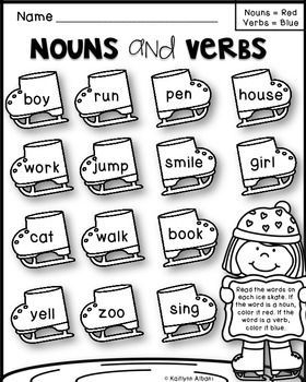 FREE Printable First Grade Nouns and Verbs Worksheet - Homeschool Giveaways Nouns And Verbs Worksheets, Verbs Worksheet, First Grade Words, Nouns Verbs Adjectives, Monthly Printable, Nouns Worksheet, First Grade Worksheets, 1st Grade Writing, First Grade Writing