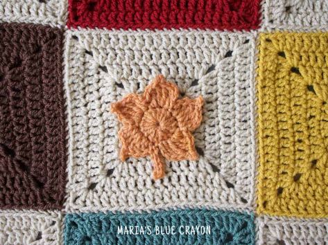 Crochet Maple Leaf Pattern - Maria's Blue Crayon Maple Leaf Granny Square Crochet, Fall Granny Square Crochet Pattern, Fall Leaf Granny Square, Fall Granny Square Crochet, Granny Square Leaf, Leaf Granny Square, Crochet Maple Leaf, Crochet Trees, Granny Shawl