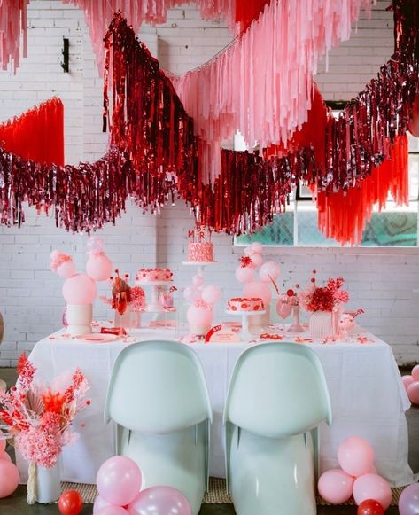 Red Pink Orange Party Decor, Valentines Installation, Pink And Red Party Decorations, Colour Theme Party, Galentines Tablescape, Red And Pink Party, Valentines Brunch, Hanging Installation, Valentines Party Decor