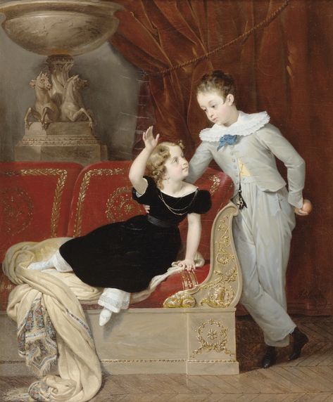 MERRY-JOSEPH BLONDEL ; PORTRAITS OF TWO CHILDREN IN AN EMPIRE INTERIOR  ; SIGNED AND DATED 1826 LOWER RIGHT ; OIL ON CANVAS Biedermeier Fashion, Double Portraits, Montreal Art, Fashion History Timeline, Double Portrait, Women Artist, Romantic Era, Romantic Period, Regency Fashion