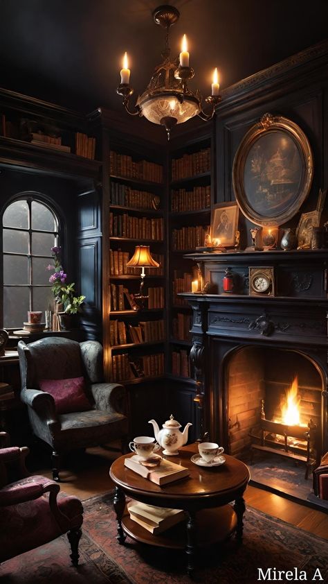 Dark Academia Reading Corner, Fireplace In Library, Dark Home Library, Vintage Fireplace Ideas, Dark Bookshelf Styling, Moody Library Room, Home Library Ideas Cozy, Witchy Library, Dark Academia Bookshelf