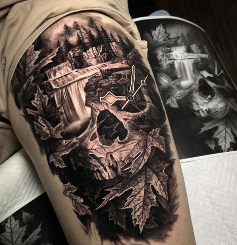 Dylan Weber on Instagram: “Nature skull for the legend @andygreenlive 💀 💦 🍁 🌲 🕰 @atlnts.studio #skull #skulltattoo #naturetattoo #landscape #blackandgrey…” Skull Nature Tattoo, Skull Plant Tattoo, River Tattoo, Plant Tattoo, Mountain Tattoo, Flower Skull, Nature Tattoos, Skull Tattoo, Tattoo Ideas