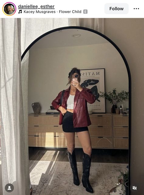 Bar Hopping Outfit, Burgundy Leather Jacket Outfit, Faux Leather Jacket Outfit, Burgundy Knee High Boots, Knee High Boots Outfit, Burgundy Leather Jacket, Bar Outfits, Suede Outfit, High Boots Outfit