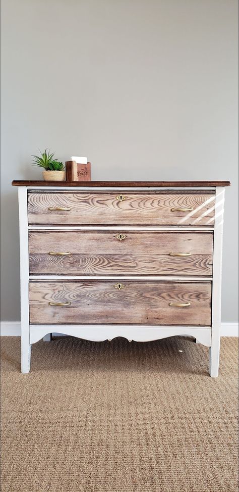 White Dresser Wood Drawers, White Dresser Stained Drawers, White Dresser With Wood Drawers, White Wash Nursery Furniture, White And Natural Wood Furniture, White Washed Dresser Diy, Rustic White Dresser, White Stained Wood Furniture, White Wash Dresser Diy