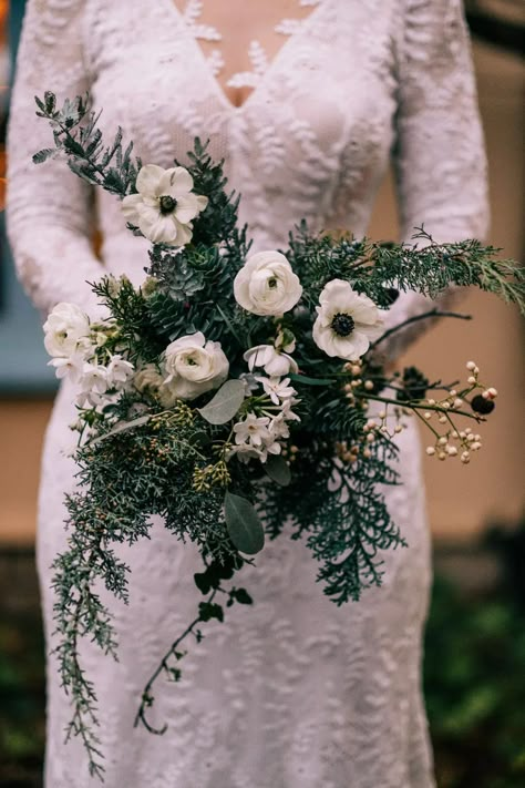 South Farm Christmas Wedding Lee Allison Photography Bouquet Flowers Bride Bridal White Greenery Anemone #WeddingBouquet #WeddingFlowers #BrideBouquet #BridalBouquet #GreeneryBouquet #Anemone #Wedding Anemone Wedding Bouquet Winter, White Anemone Bouquet With Greenery, Winter Greenery Wedding Bouquet, Anemone Winter Bouquet, Winter Bouquet Greenery, Minimal Bridal Look, Evergreen Bridal Bouquet, White Fall Flowers, January Wedding Bouquet