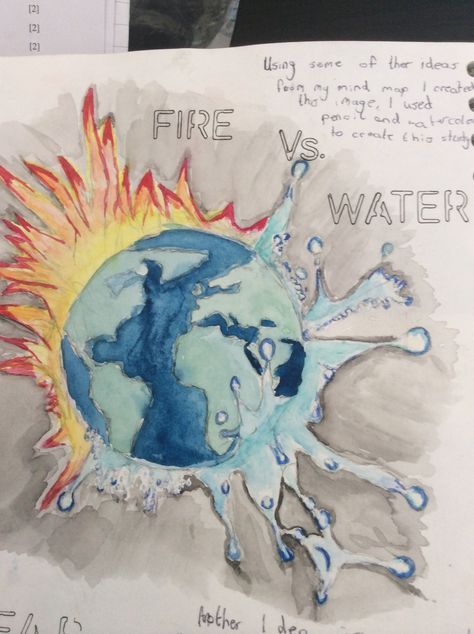 Beat The Heat Poster Drawing Ideas, Fire And Ice Drawing, Fire And Ice Poem, Fire Vs Water, Ice Drawing, Easy Hand Drawings, File Decoration, Ice Painting, Project School