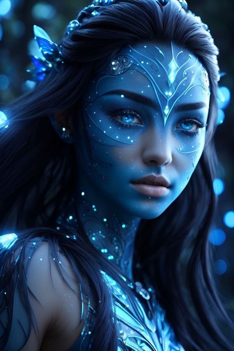 Glowing Blue Eyes, Magical Beings, Blue Skin, Character Pictures, Alien Concept, Elf Ears, Fantasy Portraits, Iridescent Blue, Alien Art