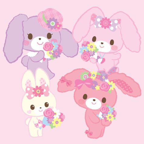 (clockwise starting from the top: Lalalaflora, Roonroonlulu, Bonbonribbon, Milkeemimi. By @Sanrio.) Lalalaflora Sanrio, Roonroonlulu Sanrio, Sanrio Friend Of The Month, Sanrio Bunny, Sugar Bunnies, Hulk Character, Hello Kitty Characters, Hello Kitty Plush, Hello Kitty Collection