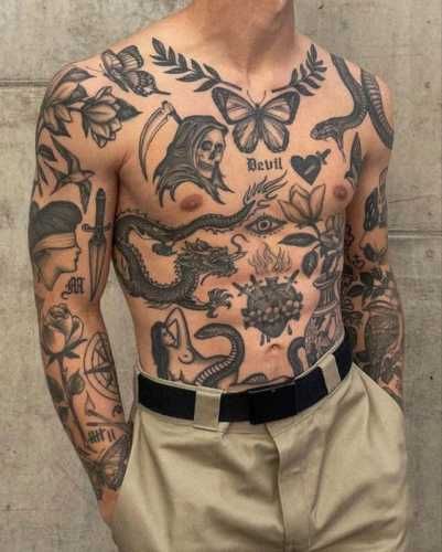 20 Patchwork Tattoo Ideas for Men: Unique and Artistic Ink - besttattoo.wiki - Unveiling Exquisite Ink Art Lucky Tattoos Men, Mens Blackwork Tattoo, Detailed Patchwork Tattoo, Male Patchwork Tattoo, Blackwork Patchwork Tattoo, Patchwork Tattoos Men, Patchwork Sleeve Tattoo Men, Patch Work Tattoo Men, Japanese Patchwork Tattoo