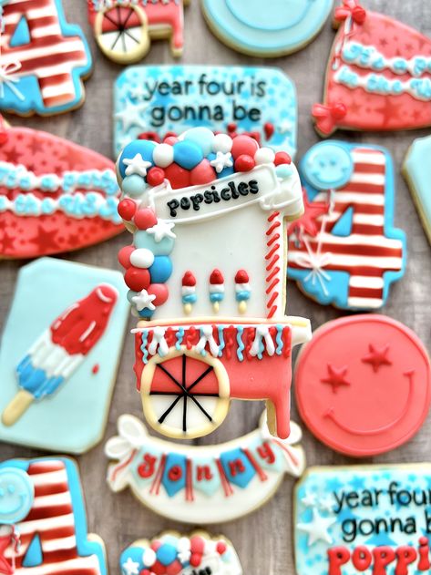 Fourth Of July Cookies Decorated, Land Of The Three Birthday Party, 4th Of July Toddler Birthday Party, Red White And Two Cookies, Fourth Birthday Theme, 4th Of July Birthday Cookies, Stars And Stripes Four Ever Birthday, Patriotic Birthday Cookies, Patriotic Sugar Cookies