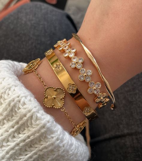 Wrapped in gold ✨✨✨    . . . *van cleef bracelet from personal collection *not on sale#acallajewellery #bracelet #braceletstacks #bangles #luxurylifestyle #styleinspiration #inspiration #inspo #jewelryinspiration Prom Jewelry Gold, Gold Prom Jewelry, Clean Girl Jewelry, Van Cleef Bracelet, Cleef Bracelet, Stack Jewelry, Maximalist Jewelry, Gold Jewelry Prom, Chunky Gold Jewelry