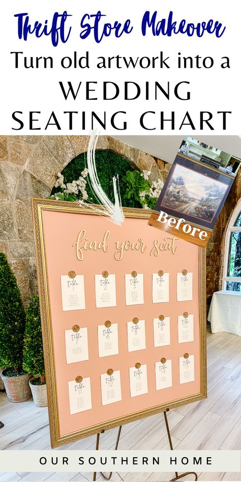 Christy from Our Southern Home shares how to create this gorgeous DIY Wedding Seating Chart using old, oversized thrift store artwork for a budget-friendly look that looks custom with very little money. Visit Our Southern Home for all the details from selecting the frame to customizing the look to work with your colors. Diy Cricut Seating Chart, Find Your Seat Wedding Ideas Diy, Seating Chart Frame, Canvas Seating Chart, Wedding Seating Chart Display Diy, Simple Wedding Seating Chart Ideas, Vintage Wedding Seating Chart, Diy Wedding Seating Chart Board, Easy Seating Chart