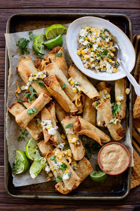 Mini Vegan Taquitos Vegan Taquitos, Vegan Refried Beans, Street Corn Salad, Mexican Appetizers, Mexican Street Corn Salad, Vegan Party Food, Vegan Mexican Recipes, Mexican Street Corn, Vegan Mexican