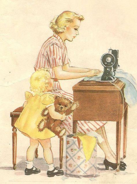 Mother at sewing machine Vintage Sewing Machines, Images Vintage, My Sewing Room, Illustration Vintage, Singer Sewing, Sewing Rooms, Couture Vintage, Sewing Items, Sewing Art