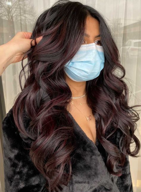 Wine Colored Hair Balayage, Dark Purple Baylage Hair, Black Hair Maroon Highlights, Dark Brown With Plum Highlights, Dark Brown Hair With Red Highlights Fall, Brunette With Cherry Highlights, Dark Hair With Maroon Highlights, Plum Money Piece Hair, Copper Hair On Black Hair