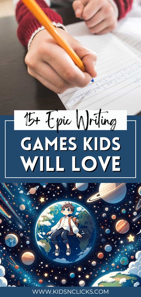 Click through to the blog for 15+ epic writing games kids will love! Writing games make practicing writing feel fun rather than like a chore! These prompts and games will motivate even kids who don't enjoy writing! These games will teach you how to make kids love writing. Everything you need to know is inside! Language Arts Games For 2nd Grade, Creative Writing Activities Elementary, Summer Writing Activities For Kids, Fun Writing Activities For Kids, Creative Writing Games, Writing Exercises For Kids, Writing Ideas For Kids, Homeschool Handwriting, Writing Activities For Kindergarten