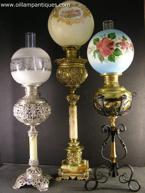 Pretty Oil Lamp Decor, Gone With The Wind Lamps, Types Of Lamps, Oil Lanterns, Vintage Oil Lamps, Victorian Lighting, Banquet Lamp, Victorian Lamps, Antique Light Fixtures