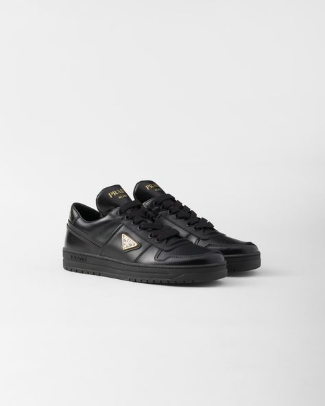 Black Downtown Leather Sneakers | PRADA Luxury Black Sneakers With Leather Lining, Black Leather Sneakers With Logo Patch, Prada Trainers, Prada Downtown Sneakers, Black Prada Shoes, Prada Shoes Sneakers, Prada Sneakers, Ballerina Slippers, Basket Noir