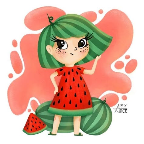 Watermelon Drawing, Watermelon Cartoon, Watermelon Illustration, Watermelon Girl, Pomegranate Art, Watermelon Art, Pink Happy Birthday, Fruit Cartoon, Cute Watermelon