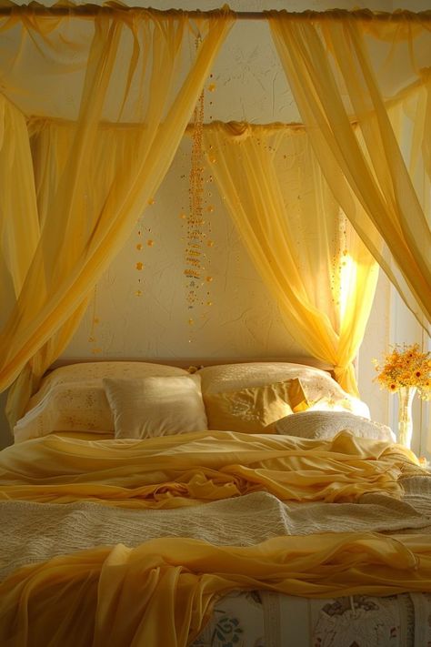 Yellow Canopy Bed, Canopy Bed Aesthetic, Gold Canopy Bed, Canopy Bed Ideas, Glam Closet, Bed Aesthetic, Sleep Under The Stars, Canopy Bed Curtains, Canopy Beds