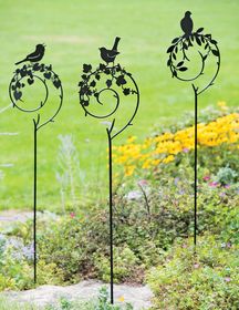 Shepherd’s Crook Stakes with Birds, Set of 3 Shepherds Crook, Bird Silhouettes, Garden Figures, City Decor, Small Front Yard Landscaping, Garden Whimsy, Metal Yard Art, Metal Garden Art, Fountains Outdoor