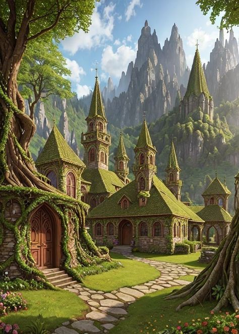 Solarpunk Town, Solarpunk Village, Fantasy World Inspiration, Elven City, Spine Tattoo Ideas, Miniature Village, Fantasy Village, Fantasy Town, Location Inspiration