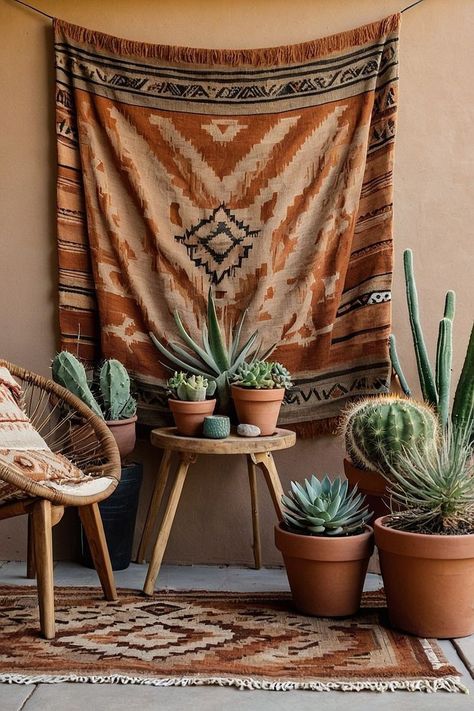 Southwestern Backyard, Southwestern Decorating Living Room, Southwest Modern Decor, Southwestern Patio, Boho Desert Decor, Cactus Corner, Southwest Aesthetic, Desert Inspired Decor, Southwestern Interior