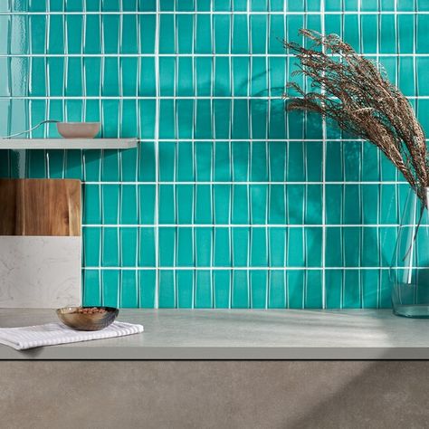 Artmore Tile, Turquoise Tile, Turquoise Kitchen, Kitchen Backsplashes, Bathroom Walls, Ceramic Subway Tile, Small Tiles, Statement Wall, Tile Samples