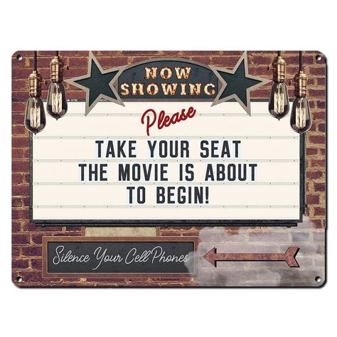 Now Showing Please Take Your Seat, 12 x 16 Inch Metal Sign, Vintage Home Theater Decor, Wall Marquee for Movie, Media, Cinema Room, Gifts for Movie Lovers, Actor, Actress, Screenwriter, RK3078 12x16 Movie Theater Chairs, Gifts For Movie Lovers, Vintage Movie Theater, Movie Theatre Seats, Theater Decor, Texaco Vintage, Theatre Sign, Movie Decor, Home Theater Decor