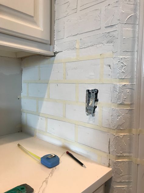 Kitchen Faux Brick Backsplash, Faux Brick Kitchen Wall, Faux Brick Above Kitchen Cabinets, Faux Brick Wall In Kitchen, Kitchen No Backsplash Ideas, Diy Brick Backsplash Kitchen, Brick Walls In Kitchen, Brick Kitchen Wall, Faux Brick Accent Wall