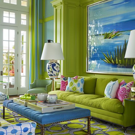 13 Brilliant Blue And Green Living Room Ideas To Try Now - DreamyHomeStyle Blue And Chartreuse Living Room, Navy Blue And Kelly Green Living Room, Apple Green Living Room Ideas, Bright Green Living Room, Lime Green Sofa Living Room Ideas, Chinoiserie Decorating Living Room, Living Room Mood Board Colour Schemes, Bright Colorful Living Room Ideas, Homey Rooms