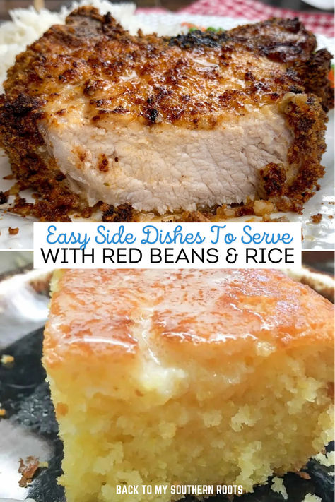 A picture of a tender and juicy pork chop and a slice of cornbread with melting butter. Red Beans And Rice With Cornbread, What Goes With Red Beans And Rice, Red Beans And Rice Side Dish, Red Beans And Rice Sides, Sides For Red Beans And Rice, What To Serve With Red Beans And Rice, Rice And Red Beans Recipe, Creamy Red Beans And Rice, Recipe For Cornbread