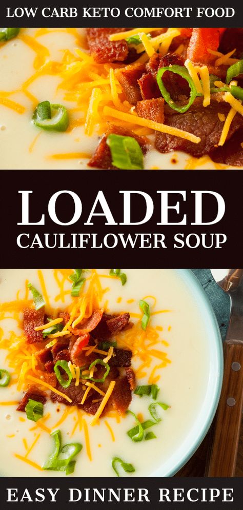 Keto Loaded Cauliflower Soup. A fabulously healthy keto comfort soup with all the flavor of a loaded potato without the carbs! Cauliflower, cream cheese, cheddar, bacon, and cream create a keto soup recipe for dinner that everyone loves! Whether you slow cook this keto loaded cauliflower soup to perfection in the crockpot or make it on the stove, it will be your new favorite low carb, keto soup for dinner or lunch. #soup #cauliflower #comfortfood #keto #lowcarb #dinnerrecipes Crockpot Comfort Food, Cauliflower Cream Cheese, Applesauce Healthy, Keto Loaded Cauliflower, Keto Cauliflower Soup, Loaded Cauliflower Soup, Soup Cauliflower, Recipes Eggplant, Cauliflower Cream