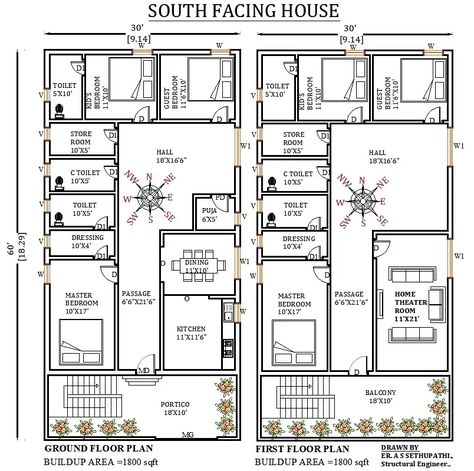 30'X60' South facing 6bhk G+1Ghar plan as per Vastu. Download now|CADBULL - Cadbull 6 Bhk House Plan, 30 60 Feet House Plan South Facing, South Face House Elevation G+1, South Facing House Elevation Design G+1, South Face House Plan Vastu, South Facing House Plans Vastu, 40×60 House Plans, 30x50 House Plans, South Facing House