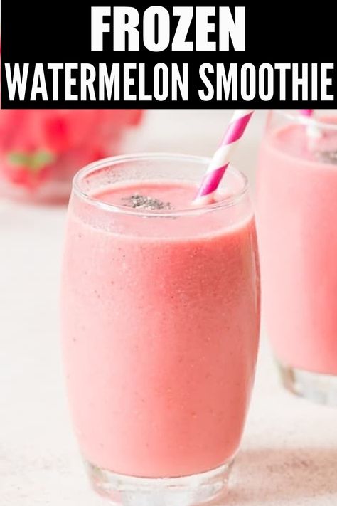 two cups of frozen watermelon smoothie Frozen Watermelon Smoothie, Frozen Watermelon Recipes, Watermelon Smoothie Recipes, Watermelon Dessert, Smoothie Recipies, Horchata Recipe, Cold Snacks, Watermelon Smoothie, Slushie Recipe