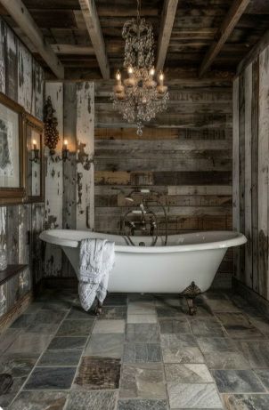 Country, Farmhouse and Horses | Extra points for the chandelier 😉🤎 | Facebook Rustic Mountain Bathroom, Funky Kitchen Ideas, Mountain Bathroom, Gothic Bathroom Decor, Reclaimed Wood Vanity, Gothic Bathroom, White Oak Kitchen, Cabin Retreat, Rustic Tile