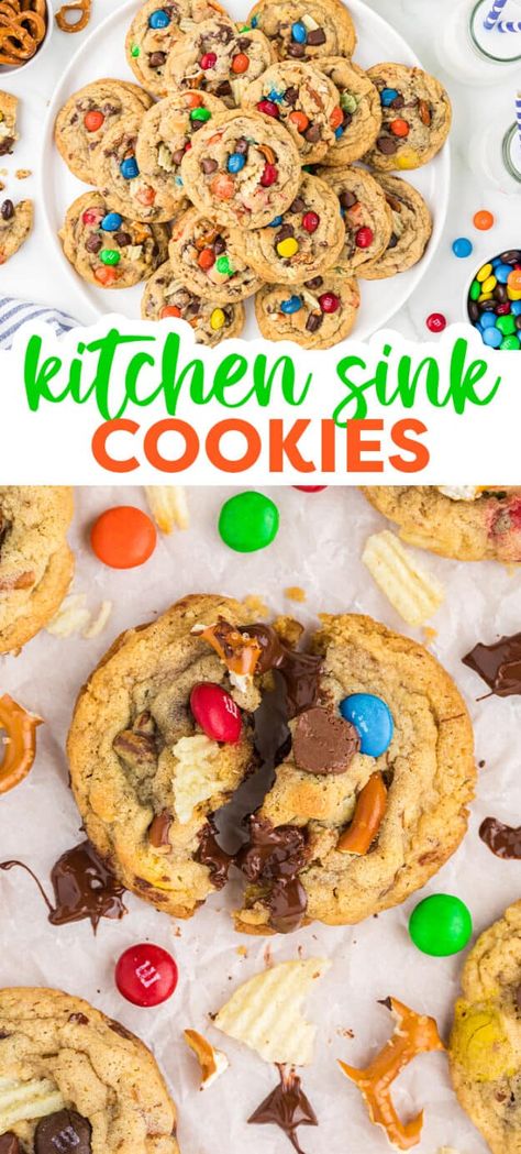 Kitchen Sink Cookies Sink Cookies, Kitchen Sink Cookies, Everything But The Kitchen Sink, Milk Chocolate Chips, Chewy Cookie, Cookie Sheet, Pretzels, Semisweet Chocolate, No Bake Cookies