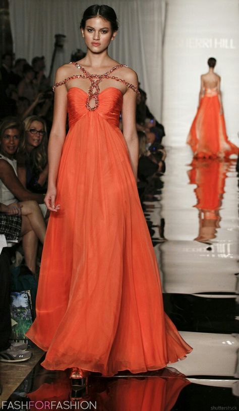 Beautiful bright orange dress with colorful stones Orange Gown, A Game Of Clothes, Game Of Clothes, Orange Coral, Orange Crush, Dream Dresses, Couture Gowns, Gorgeous Gowns, Shades Of Orange