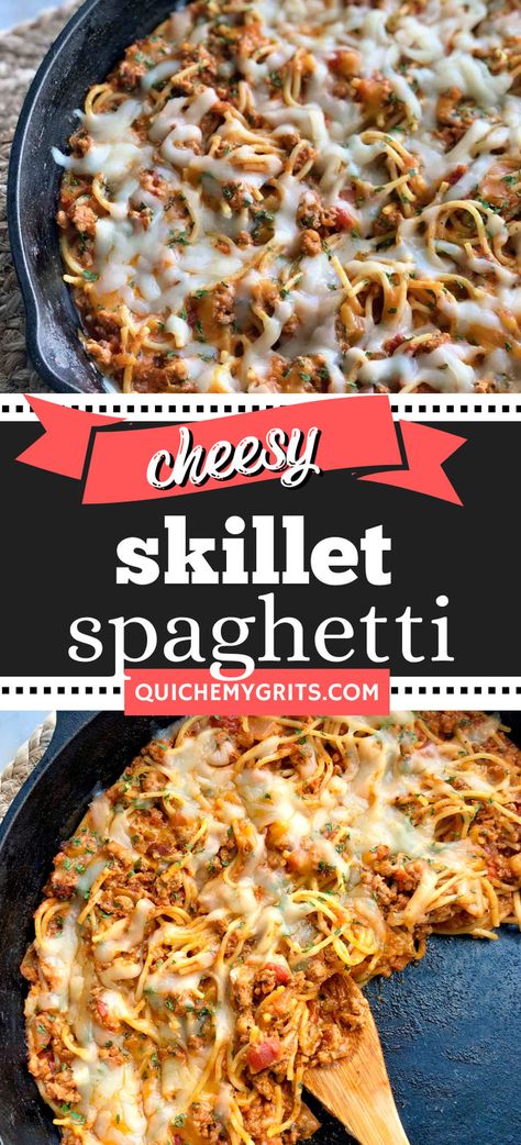 Two graphics depicting cheesy skillet spaghetti in a black skillet with melted cheese on top. One Pan Spaghetti, Skillet Spaghetti, Games Quotes, How To Make Spaghetti, Rainbow Salad, Spaghetti Dinner, Easy Spaghetti, Italian Sauce, Dinner Entrees