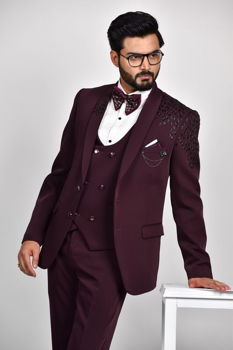 Buy Wine Crepe Embroidery Cutdana Placement Tuxedo Set For Men by Soniya G Online at Aza Fashions. Embroidered Tuxedo, Waistcoat Pattern, Men Suits Wedding, Placement Embroidery, Shirt Pant, Luxury Sale, Buy Wine, Pattern Embroidery, Designer Clothes For Men