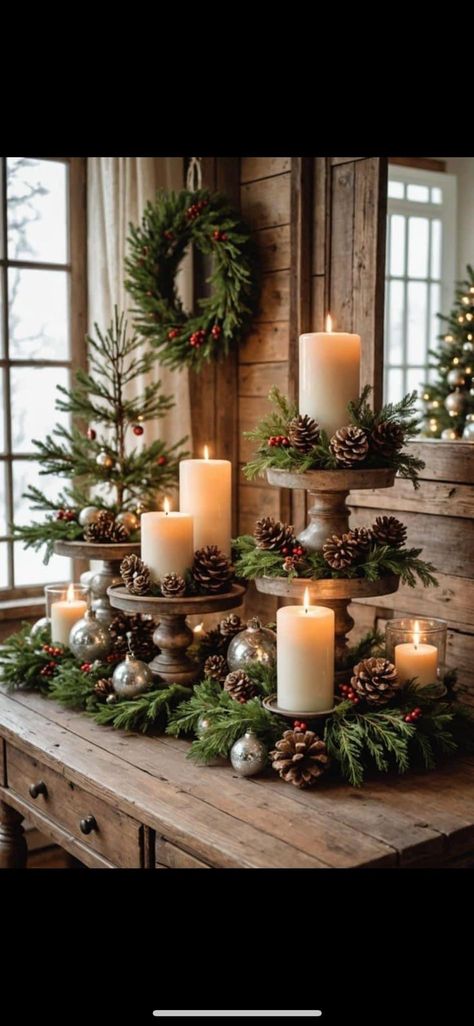 Arrangements With Pinecones, How To Display Pine Cones, Christmas Sleigh Centerpiece Ideas, Christmas Party Table Decorations Ideas, Winter Rustic Decor, Maine Christmas Decor, Mountain Home Christmas Decor, Christmas Candle Wreath Centerpiece, Christmas In A Jar Decoration